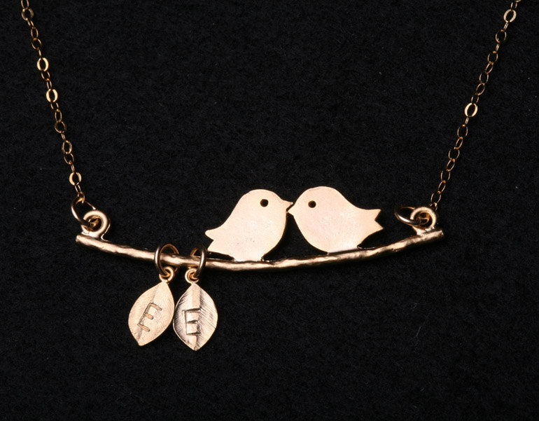 Custom Two Initial Leaf Necklace,bird on the branch,Kissing Love Birds,Custom,couple,birthday,anniversary