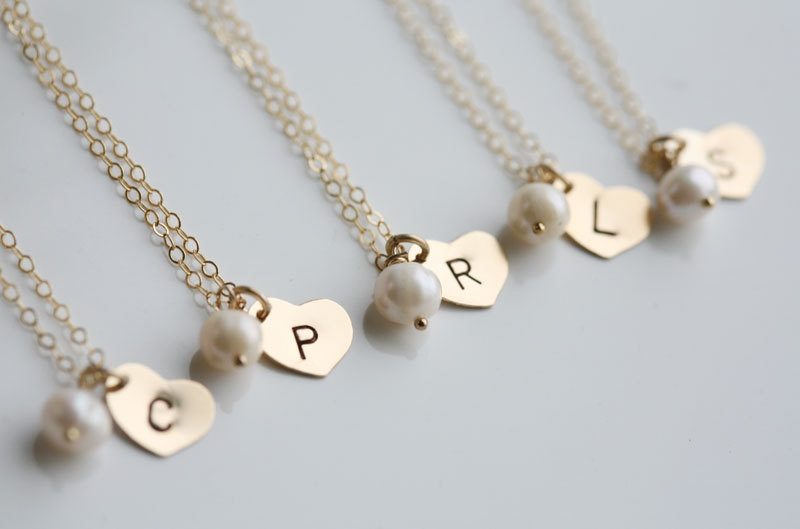 Set of 6,Gold Heart initial Necklace,Custom birthstone,Gold fill necklace,Flower girl jewelry,bridesmaid gifts,