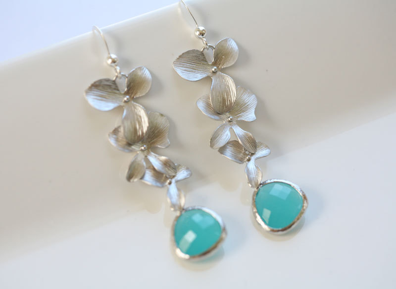 Aqua Blue Sterling Silver Earrings,stone In Bezel,orchid Flower Earrings,flower Jewelry,bridesmaid Gifts,wedding Jewelry,bridesmaid Earring