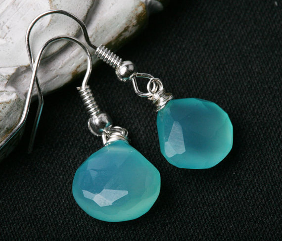 Aqua Blue Chalcedony On Sterling Silver Hooks,wire Wrapped,gold Option,birthday Gift,daily Jewelry