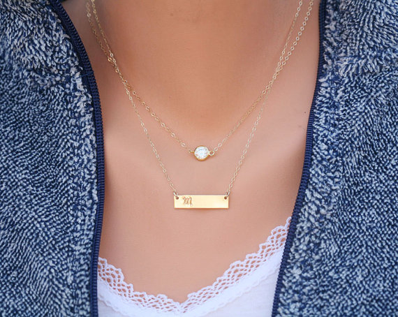 Personalized Double Layering Tiny Dot Bar Necklace,Bar Monogram Necklace,tiny  Dot Bar Necklace, Init on Luulla
