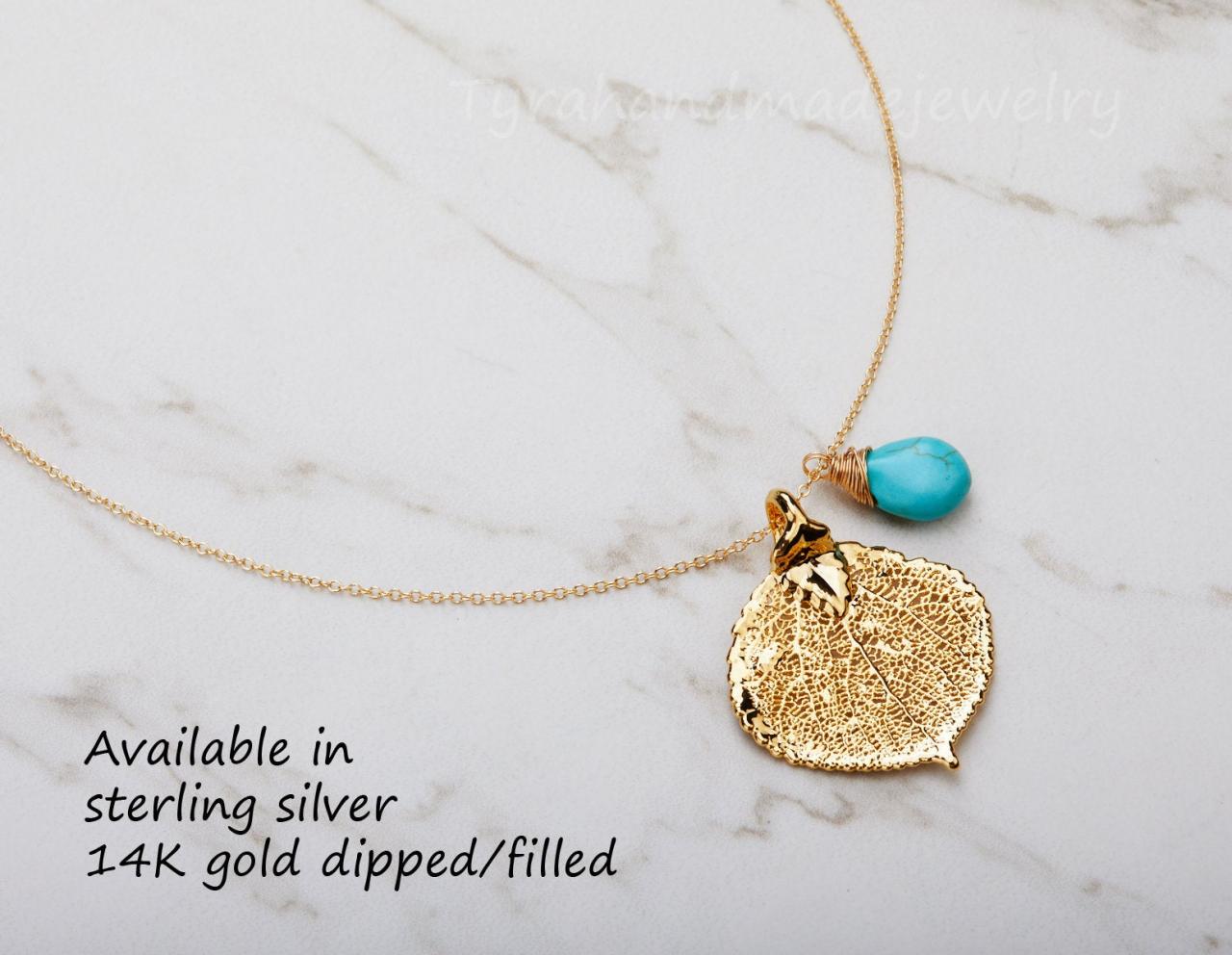 Gold Aspen Leaf Necklace,real Leaf Necklace,turquoise,custom Birthstone,bridesmaid Gift,autumn Fall Wedding Jewelry Gift,custom Jewelry Note