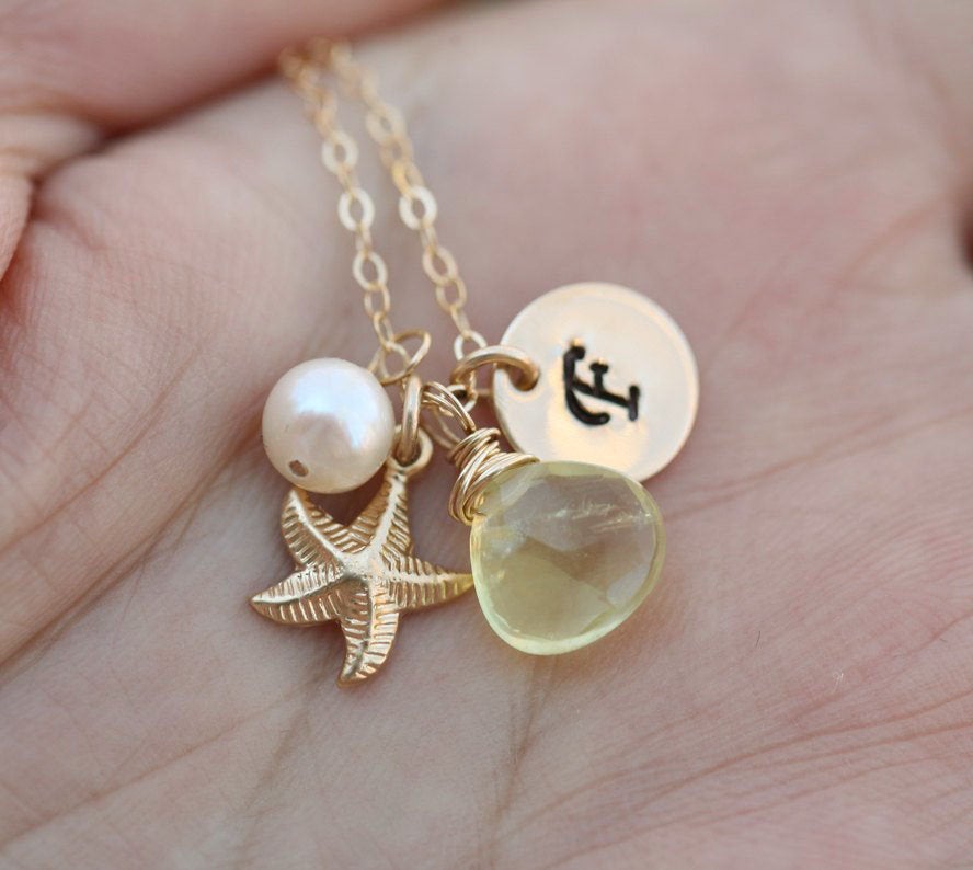 Personalized Starfish Necklace,bridesmaid Initial Necklace,hand Stamped,custom Font Birthstone,beach Ocean See Theme Wedding,birthday Gift