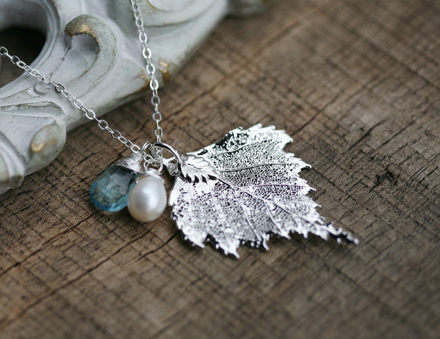Birch Leaf Necklace,real Leaf Necklace,custom Birthstone,mother Jewelry,grandmother Gift,bridesmaid Gift,wedding Jewelry,family Birthstone