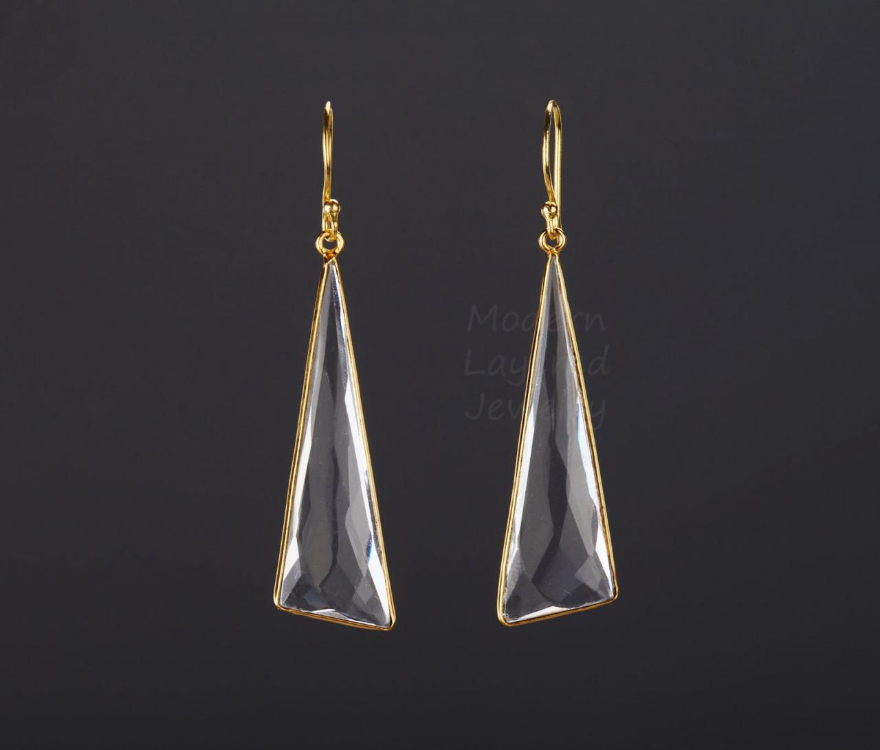 Long Triangle Quartz Earring,scalene Clear Quartz,large Dangle Quartz Earring,faceted,april Birthday Gift,mother's Day Gift,anniversary