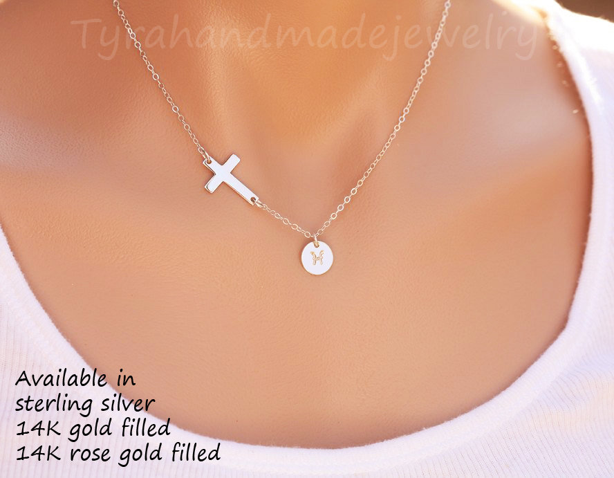 Sideways Cross Initial Necklace,personalized Cross Necklace,hand Stamped,custom Font Monogram,faith Jewelry,baptism Gift,custom Note Card