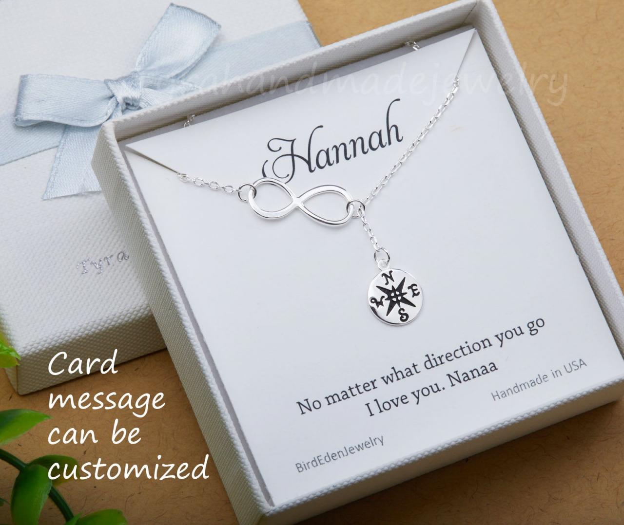 Silver Gold Infinity Compass Lariat Necklace,graduation Gifts,friendship Necklace, Friend Necklace,bridesmaid Gift,custom Message Card