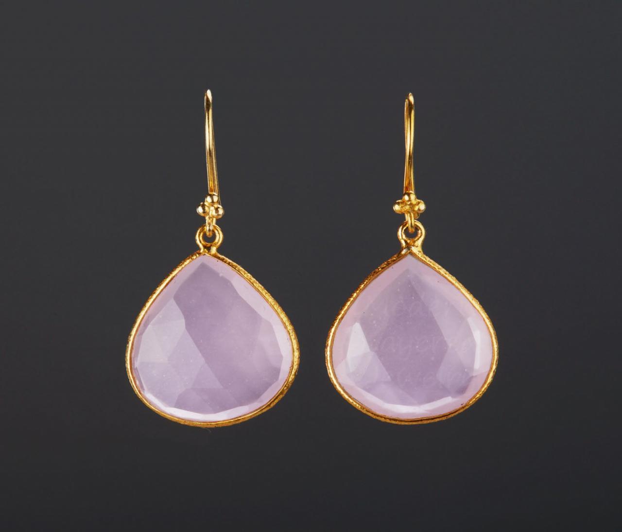 Large Pink Chalcedony Earring,large Nature Gemstone Earrings,silver,gold Bezel,faceted Chalcedony,october Birthday Earring,mother's Day