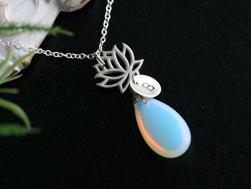 October Birthstone,opal,custom Initial And Birthstone Sterling Silver Necklace,lotus,birthday,monogram, Friends