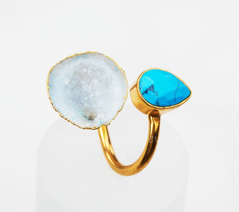 Two Stone Ring,turquoise Ring,quartz Geode Ring,teardrop Faceted Turquoise,open Geode,gold Bezel,anniversary Gift,birthday Gift,