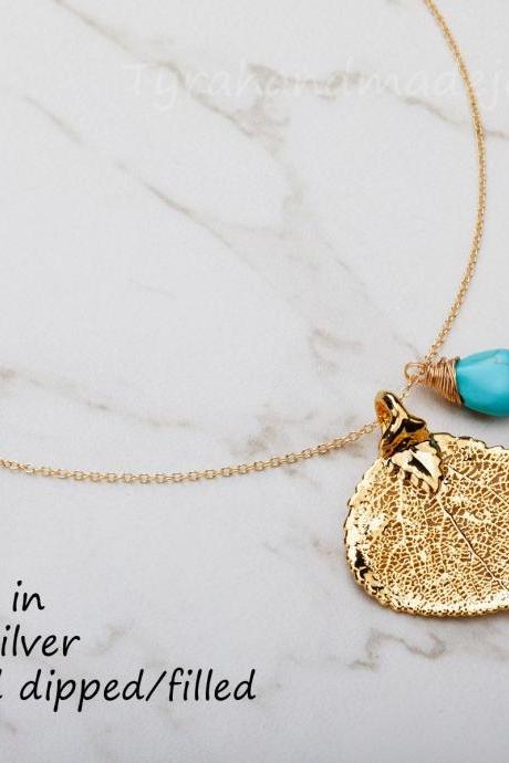 Gold Aspen leaf necklace,real leaf necklace,Turquoise,custom birthstone,bridesmaid gift,Autumn fall wedding jewelry gift,custom jewelry note