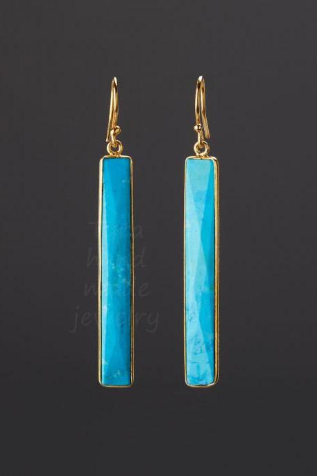 Long Turquoise earrings,slender turquoise stones,long thin faceted real turquoise earring,mothers day,anniversary gift,custom jewelry card