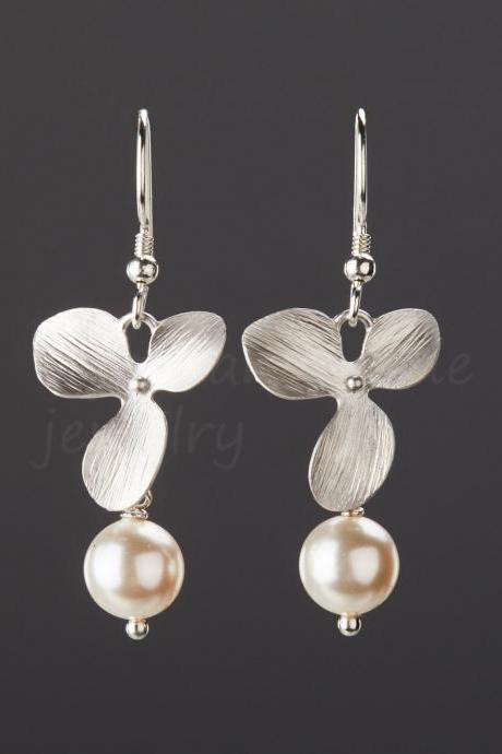 Orchid flower and pearl earrings,Sterling Silver Earrings,Wedding jewelry,Bridesmaid gift,birthday gift,flower girl gift,custom jewelry card