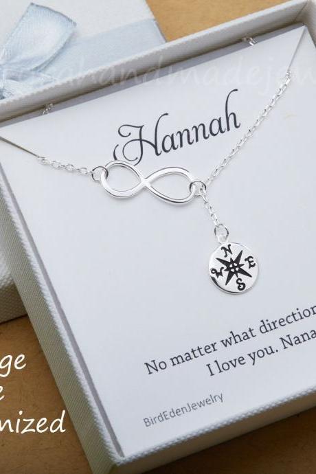 Silver Gold infinity Compass lariat necklace,Graduation Gifts,friendship necklace,best friend necklace,bridesmaid gift,custom message card