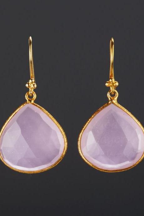 Large pink chalcedony earring,Large nature gemstone earrings,Silver,Gold bezel,faceted chalcedony,October birthday earring,mother's day gift