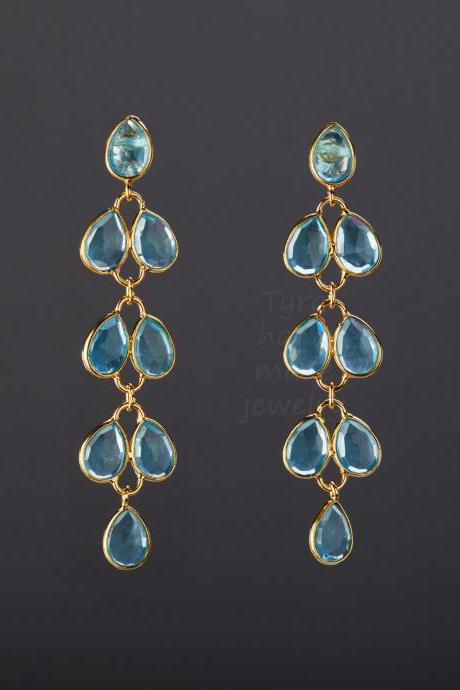 Five tier topaz blue quartz earring,Long dangle topaz blue quartz,blue quartz leaflet,willow branch earring,mother gift,anniversary gift