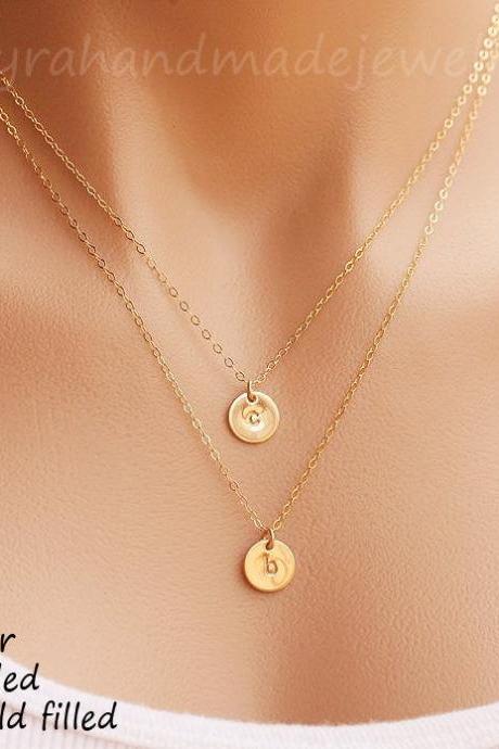 Double Layered Initial Necklace,two Initial Tag Necklace,personalized Hand Stamped Circle,mother Daughter Gift,sister Gift,best Friend Gift