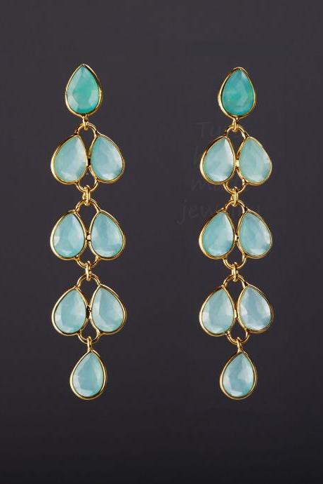 Five tier seafoam chalcedony earring,Long dangle aqua chalcedony,seafoam chalcedony leaflet,willow branch earring,birthday gift,mother gift