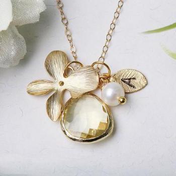 Orchid Flower,Stone in bezel,Bridesmaid gifts,Flower girl,flower jewelry,Gold leaf initial necklace,Pearl,Wedding,Monogram