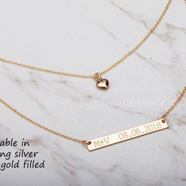 Double layer Engraved bar Necklace Set,heart necklace,Monogram initial necklace,wedding date,coordinate locations,full name,custom message