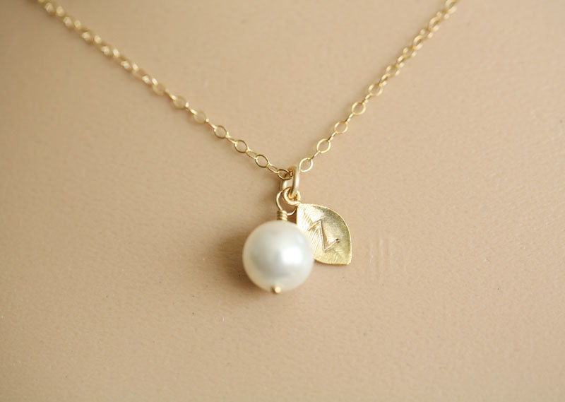 Intial Necklace,Gold Leaf,Wire Wrapped Pearl,Monogram Necklace,Simply ...