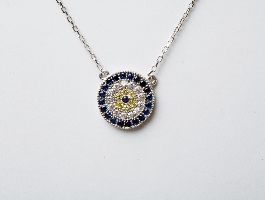 Evil Eye Necklace In Sterling Silver,cubic Zirconia,sapphire Blue